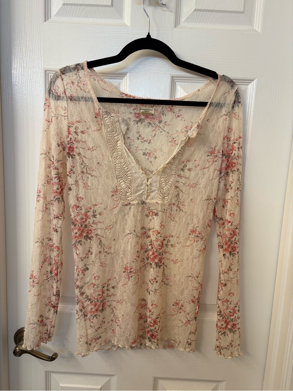Denim & Supply Ralph Lauren Cream Floral Lace-Trim Long Sleeve Top